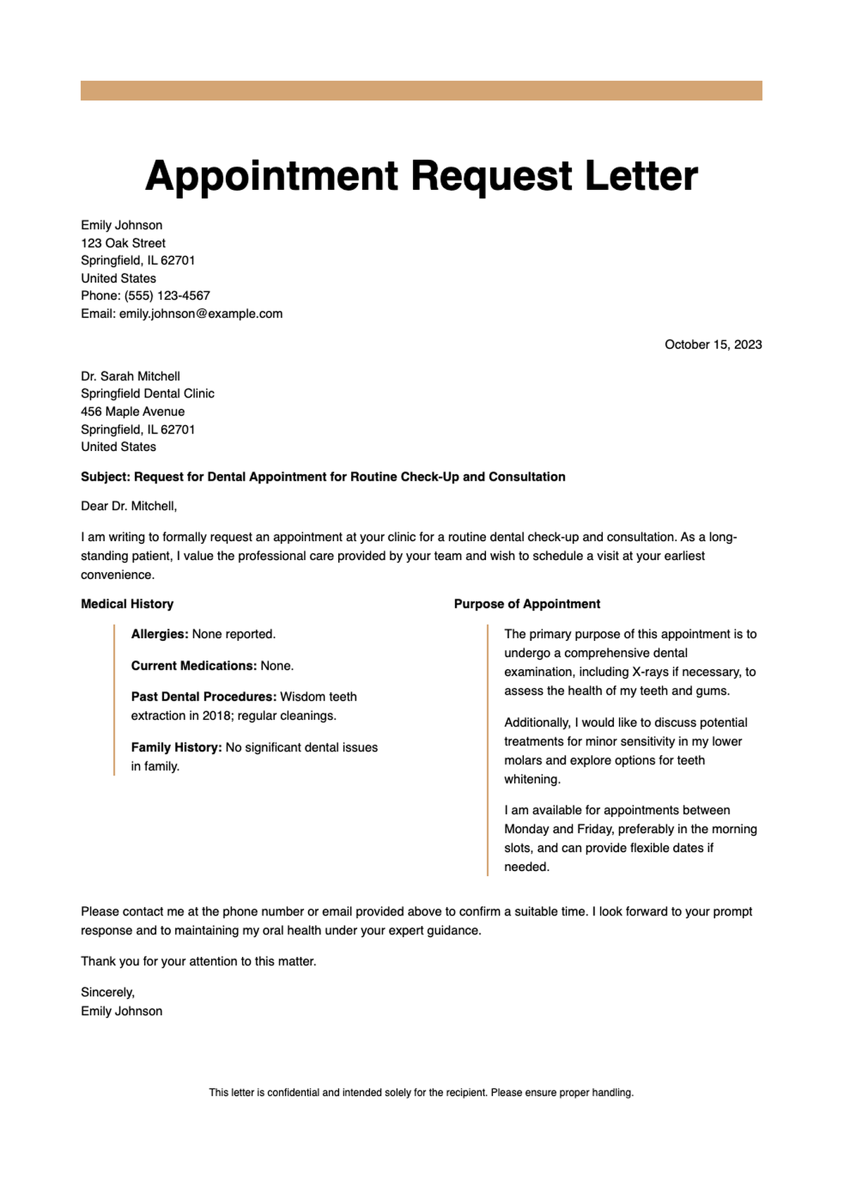 Dental doctor appointment request letter template with placeholders_variant_3